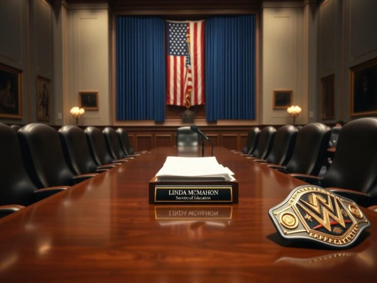 Flick International Empty Senate hearing room with polished table and documents for Linda McMahon's testimony