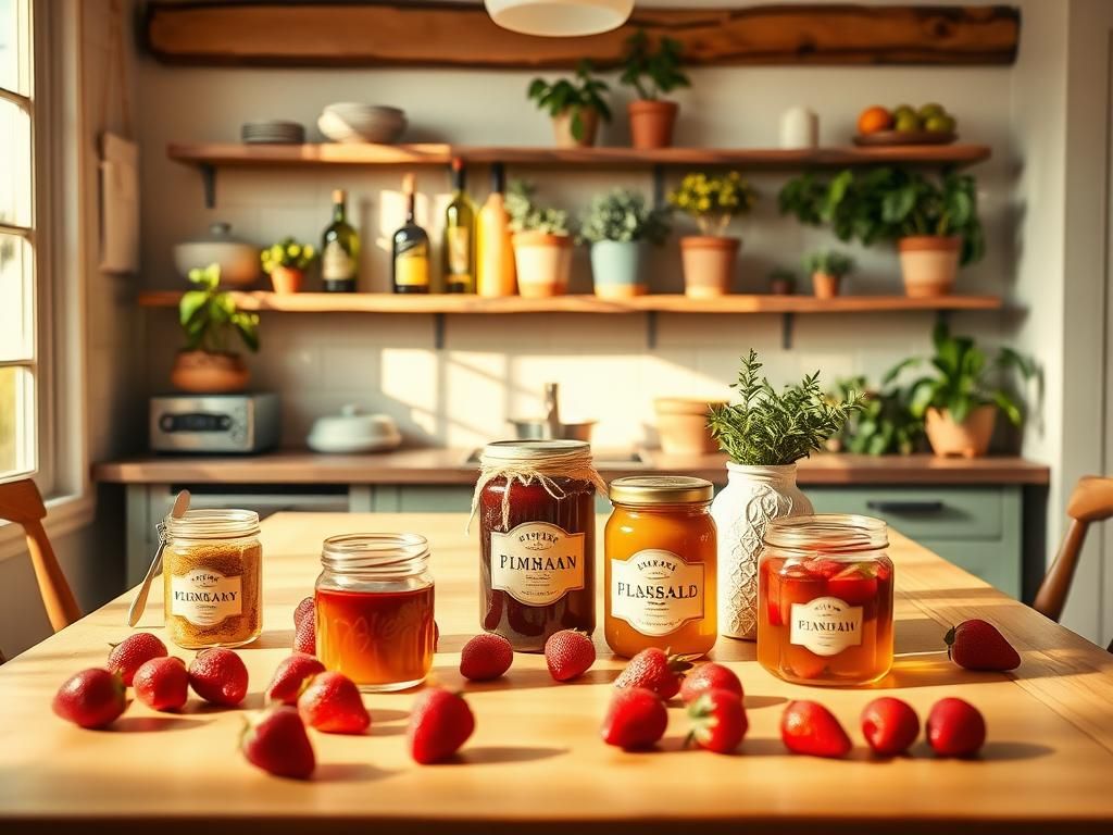 Flick International A beautifully arranged kitchen table featuring artisanal jams, honey, and fresh strawberries