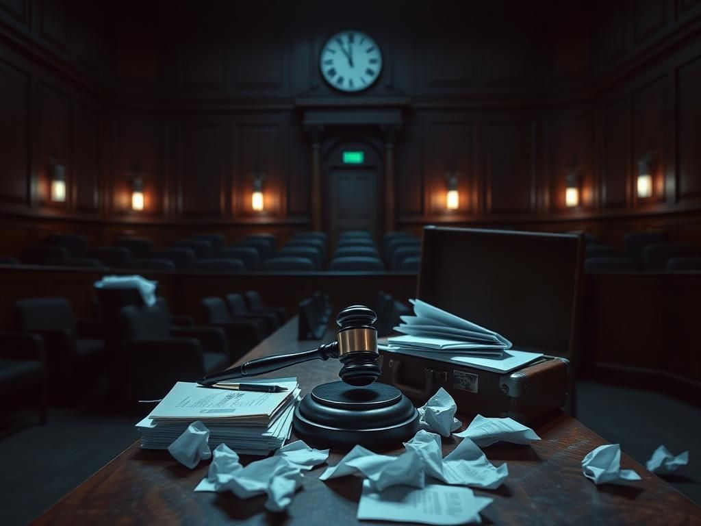 Flick International Dramatic courtroom scene with gavel and legal documents