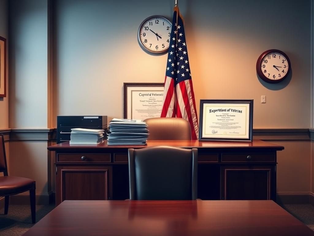 Flick International Interior of a Department of Veterans Affairs office showing a polished wooden desk and an American flag