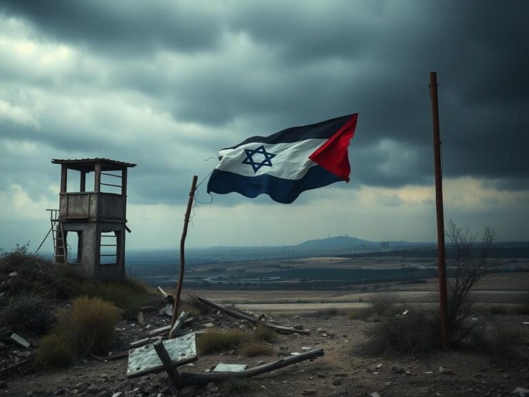 Flick International Barren landscape with a dilapidated watchtower symbolizing conflict and uncertainty