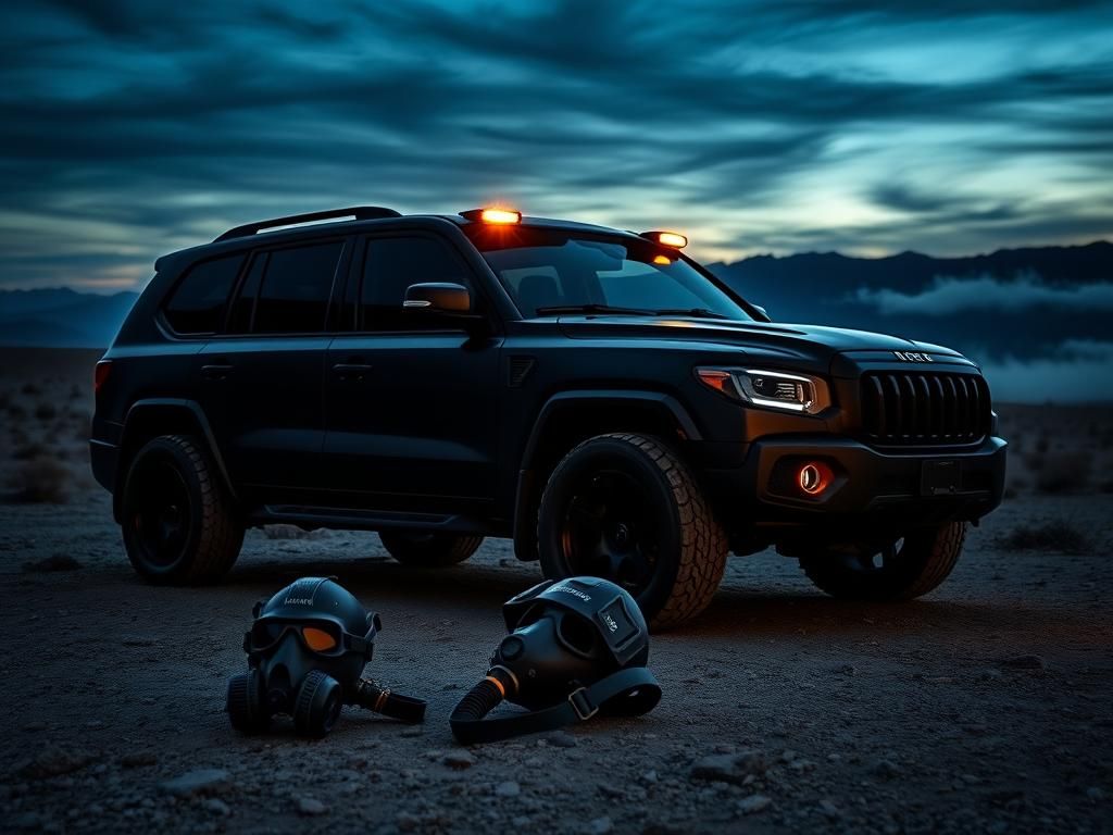 Flick International Luxury SUV parked in a rugged desert landscape under an ominous sky