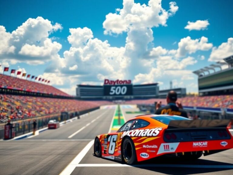 Flick International A high-angle view of the Daytona 500 racetrack with a NASCAR car on the starting grid