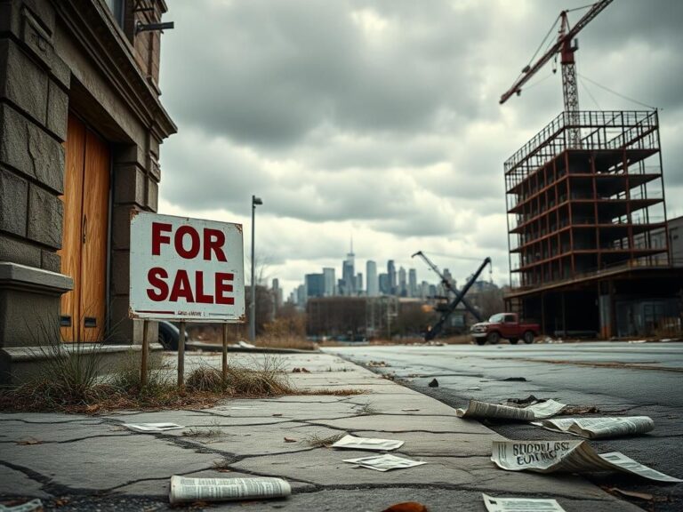 Flick International A weathered For Sale sign in front of a boarded-up storefront, representing economic struggle