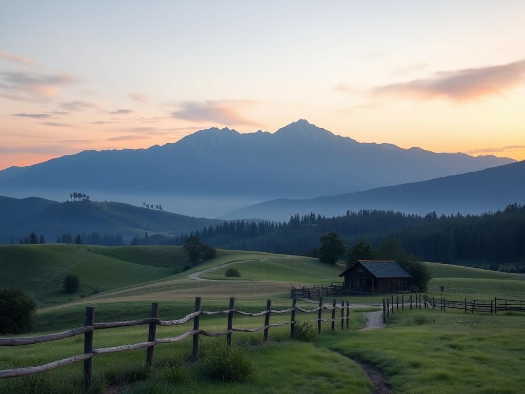 Flick International Scenic countryside landscape with rolling hills and a rustic fence