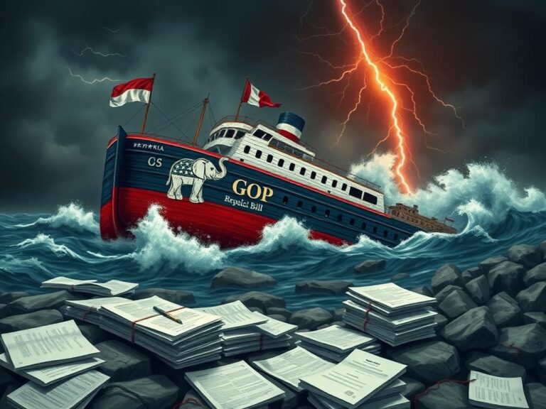 Flick International A large, crumbling ship representing the GOP budget bill stranded on rocky shores