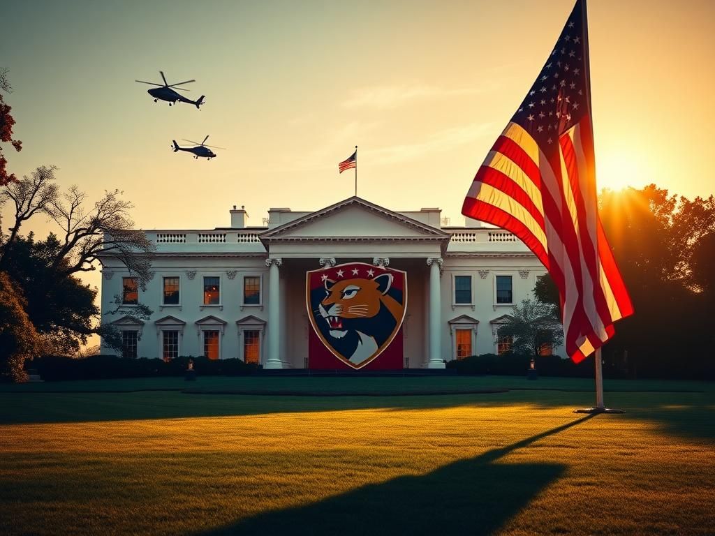 Flick International Empty White House lawn with Florida Panthers logo banner and military helicopter