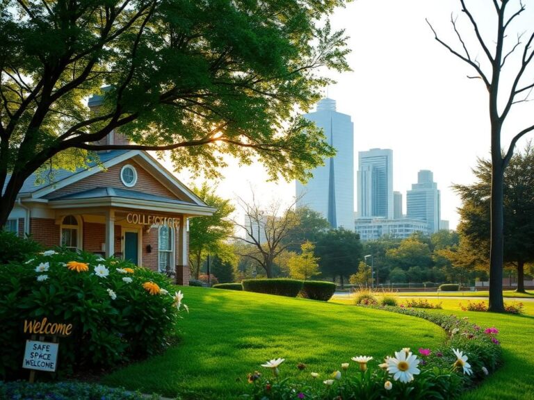 Flick International Serene urban landscape of Dallas, Texas with welcoming signs for immigrant communities