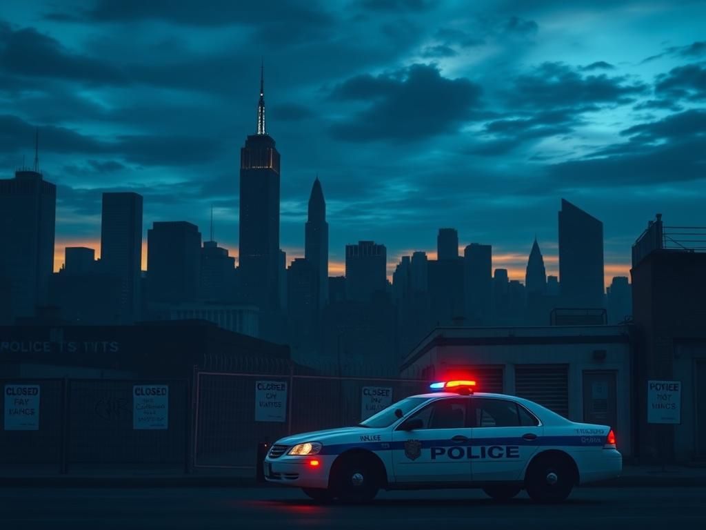 Flick International Urban landscape of New York City at dusk with police cruiser