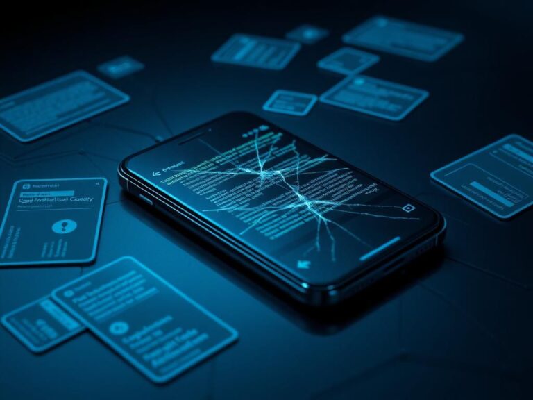 Flick International High-tech smartphone with cracked screen displaying malware code