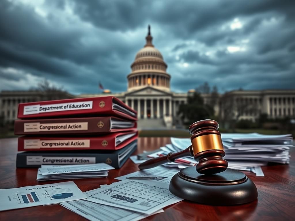 Flick International A polished wooden table stacked with folders labeled 'Department of Education' and 'Congressional Action' in front of the United States Capitol building