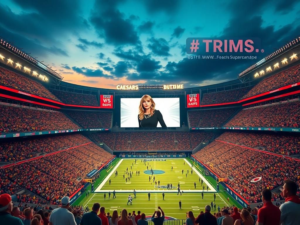 Flick International Crowded Caesars Superdome with colorful fans during a football game and Taylor Swift silhouette