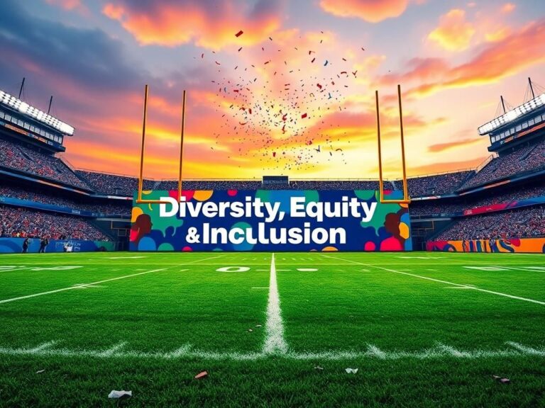 Flick International A vibrant NFL football field with a 'Diversity, Equity, Inclusion' banner in the end zone, showcasing inclusivity.