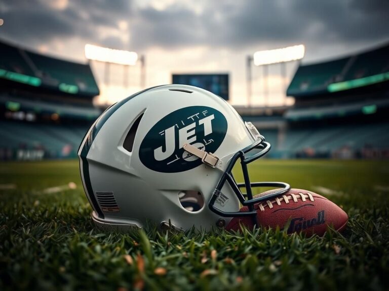 Flick International Close-up of a New York Jets helmet on a grass field under stadium lights