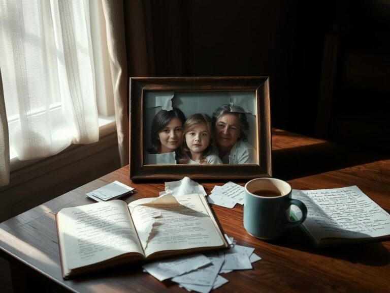 Flick International Dimly lit room featuring a fractured family photo frame with a young girl and blurred adults in the background