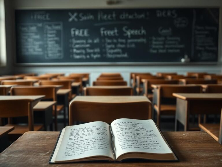 Flick International Empty classroom with wooden desks and an open notebook on controversial topics