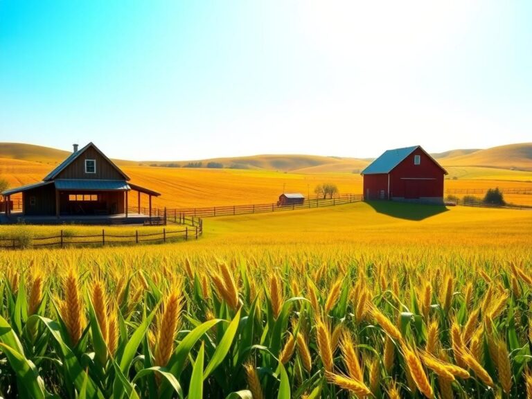 Flick International A thriving American farm with green crops and a red barn under a blue sky