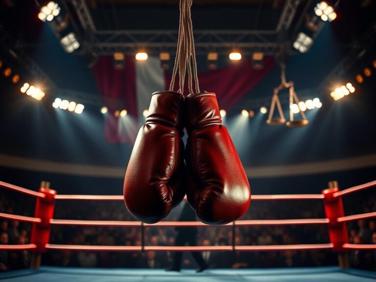 Flick International Dramatic boxing ring with gloves symbolizing sport and challenges