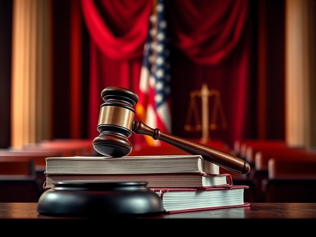 Flick International A gavel resting on legal books in a courtroom setting with a draped American flag in the background.