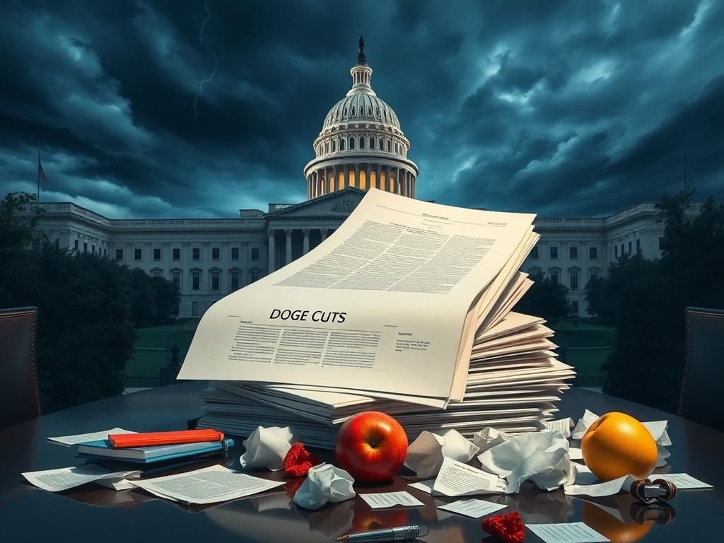 Flick International A dramatic representation of a government building with stormy skies and a table piled with official documents labeled 'DOGE Cuts' and 'Education Budget'