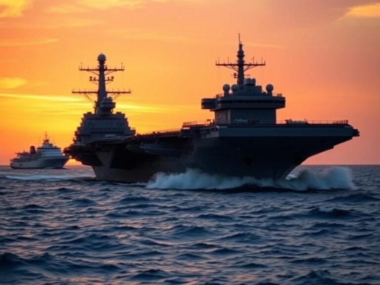 Flick International USS Harry S. Truman aircraft carrier near merchant vessel at sunset