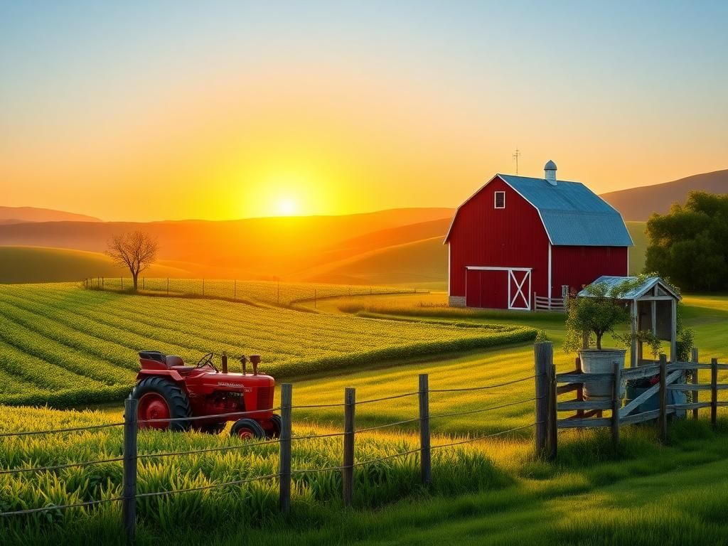 Flick International Serene rural landscape at sunrise featuring a classic red barn and flourishing crop field