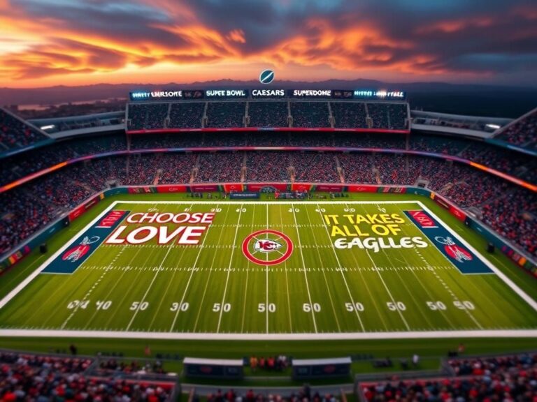 Flick International Aerial view of the football field at Caesars Superdome showcasing the vibrant end zones with messages of unity.