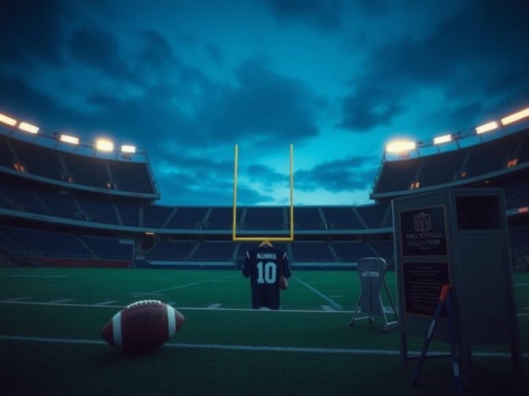 Flick International A somber football stadium at dusk, with a lone football on the sidelines