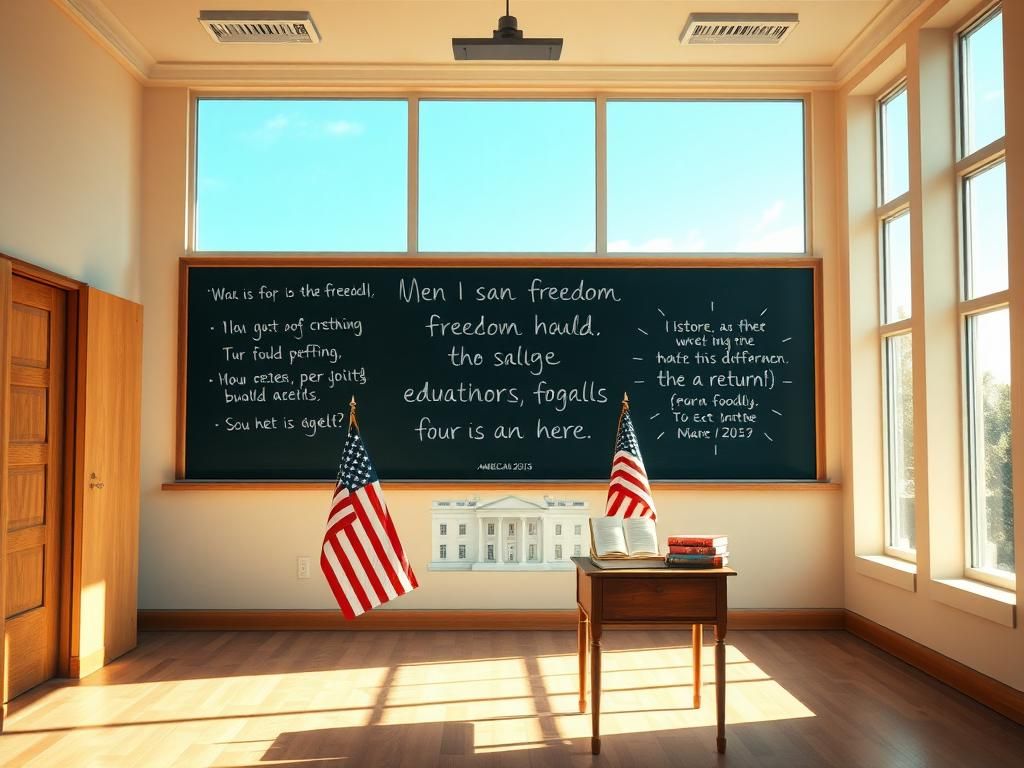 Flick International Empty American classroom with chalkboard and sunlight streaming in