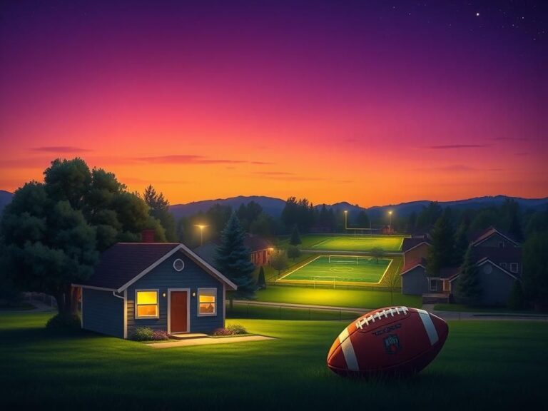 Flick International Serene small-town landscape at dusk with a humble house and illuminated football field