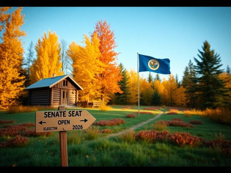 Flick International Lush autumn landscape in Minnesota with a wooden cabin and Senate seat signpost