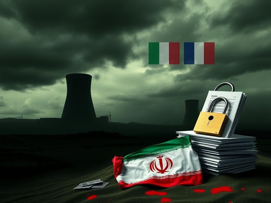 Flick International Dark silhouette of a nuclear power plant against a stormy gray sky with a crumpled Iranian flag in the foreground