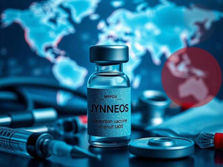 Flick International Close-up of a blue vaccine vial labeled 'JYNNEOS' amidst medical supplies, representing mpox prevention