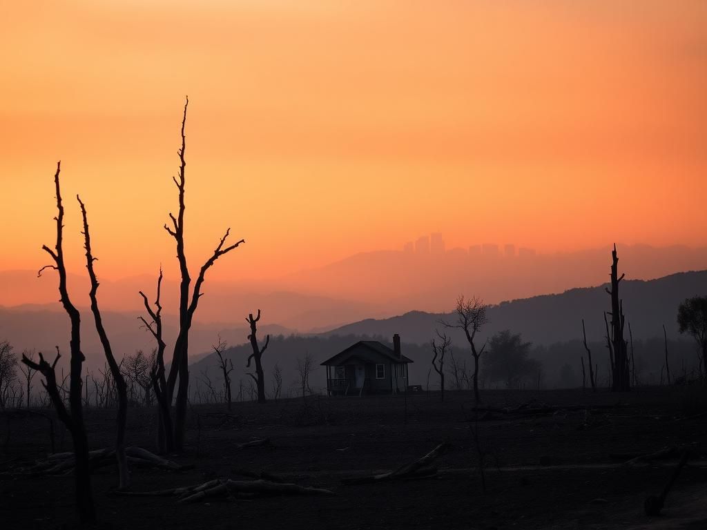 Flick International Charred tree trunks in the foreground of a wildfire-affected Southern California landscape