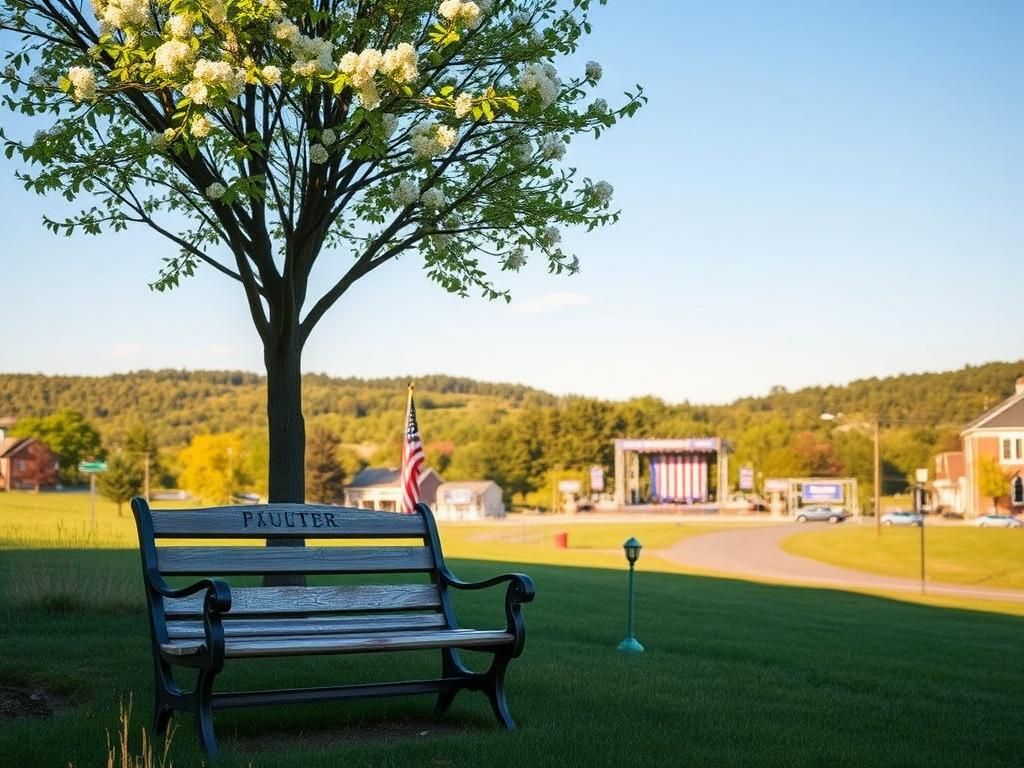 Flick International A serene scene in Butler, Pennsylvania, featuring a wooden bench under a flowering tree