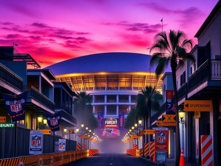 Flick International Twilight view of the Superdome in New Orleans with festive decorations and security measures