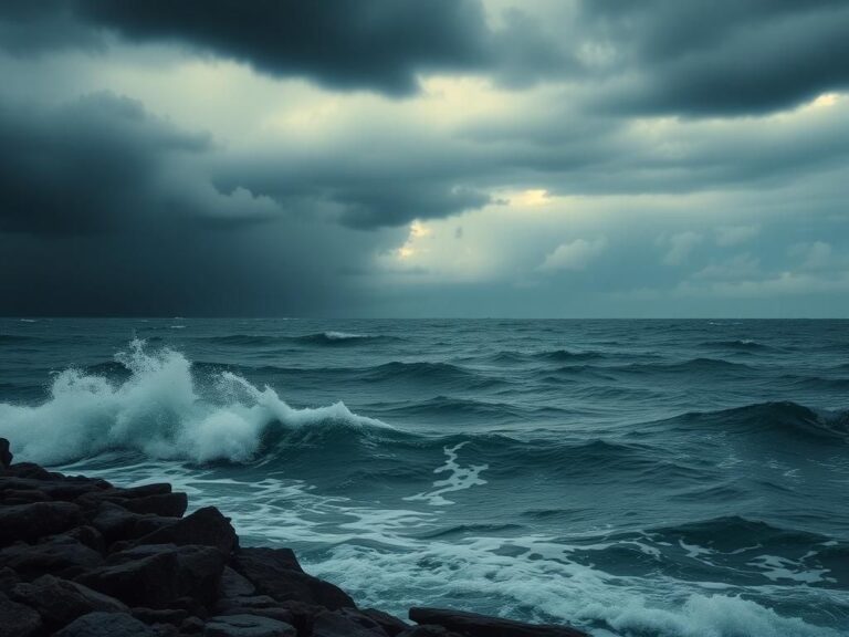 Flick International Dramatic waves crashing against a rocky shoreline under a stormy sky