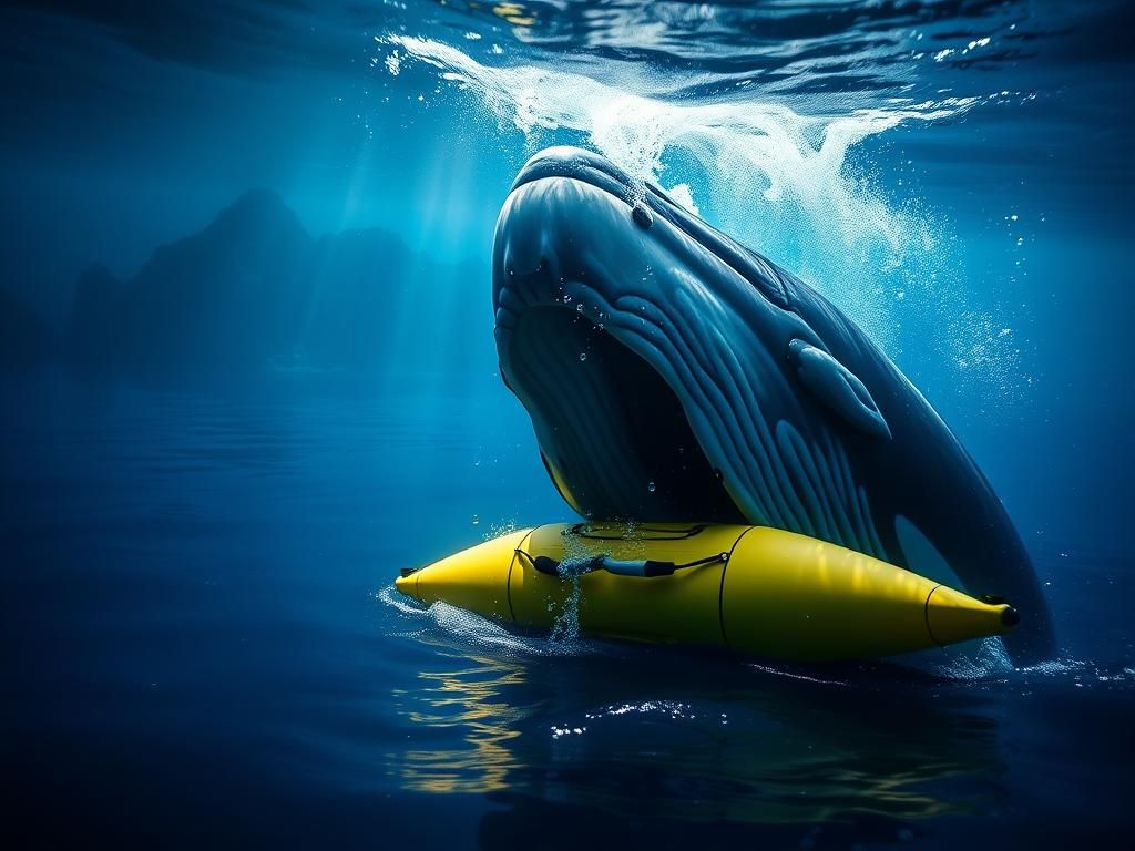 Flick International Dramatic moment of a humpback whale engulfing a bright yellow inflatable kayak in the Strait of Magellan