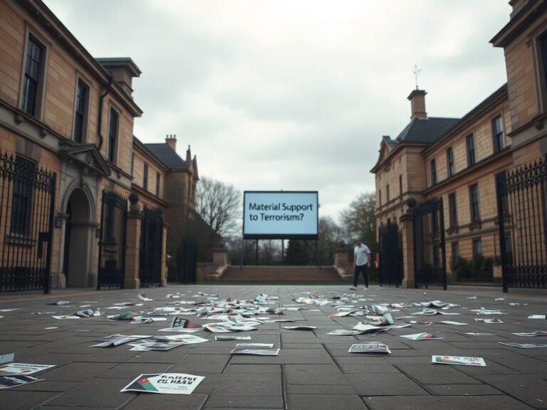 Flick International Empty university courtyard with scattered promotional flyers showcasing Palestinian and pro-Jewish symbolism under an overcast sky