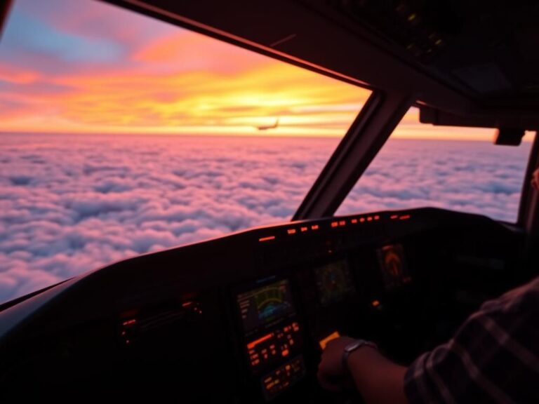 Flick International Serene cockpit view of an airplane just before takeoff with warm lighting on the instrument panel