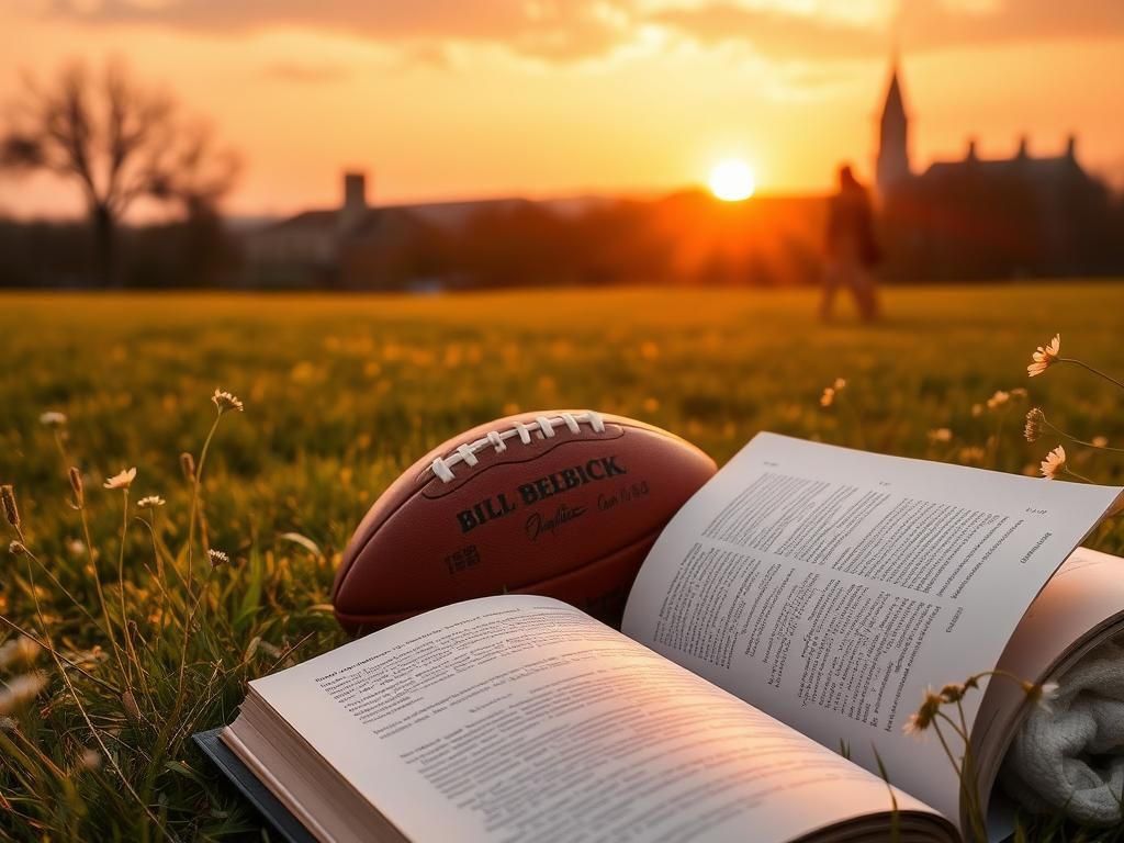 Flick International A serene outdoor setting in North Carolina with a vintage football and an open college textbook symbolizing Bill Belichick's career and personal life.