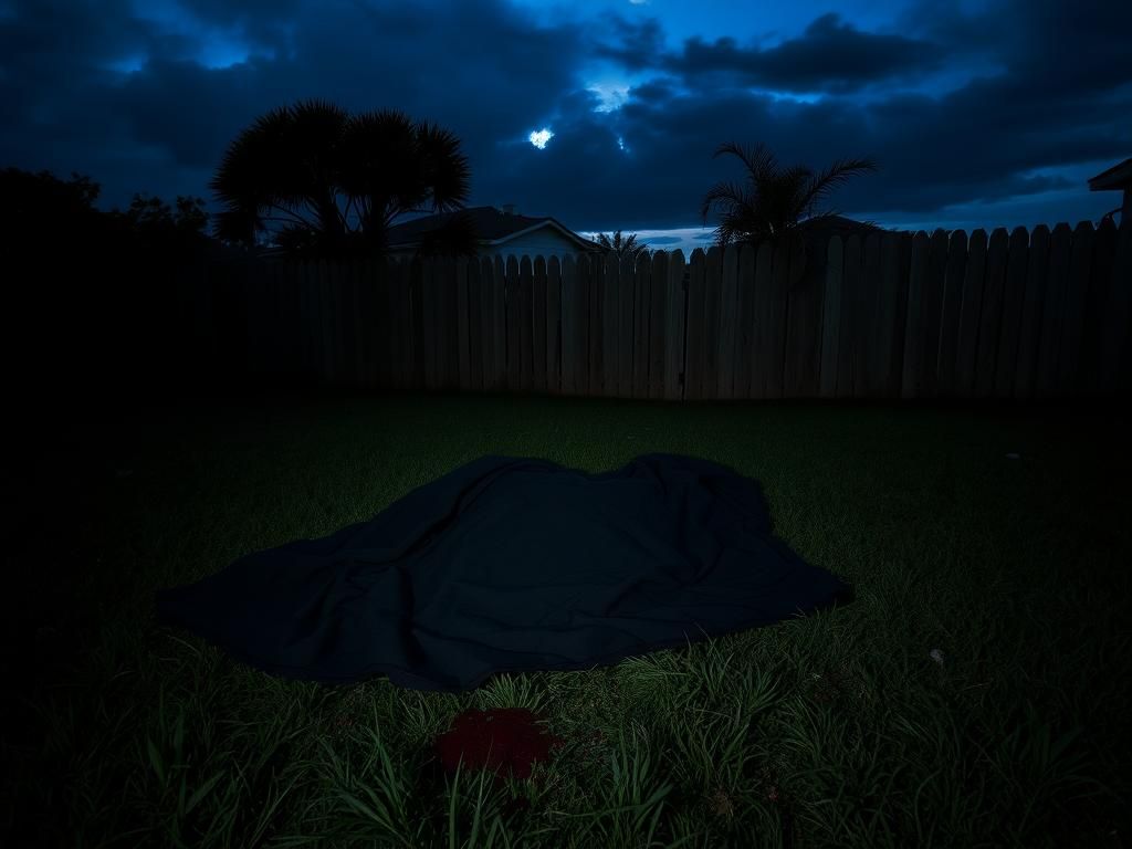 Flick International Backyard scene in Jacksonville, Florida with a crumpled blanket partially revealing a concealed form