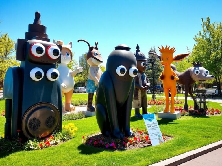 Flick International Playful sculptures in Bend, Oregon adorned with googly eyes under a clear blue sky