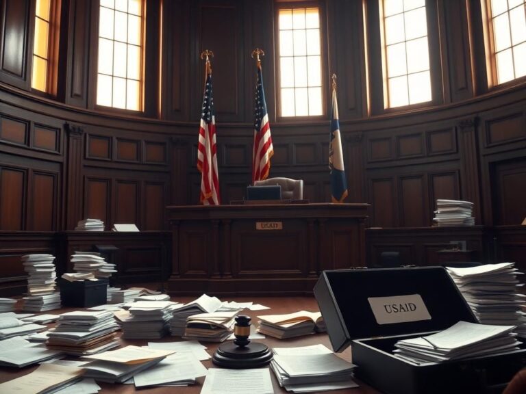 Flick International Courtroom scene depicting legal battle with judge's bench and U.S. flag