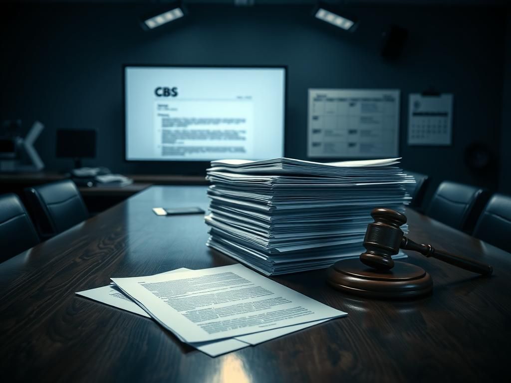 Flick International stack of legal documents on a conference table related to Trump's lawsuit against CBS