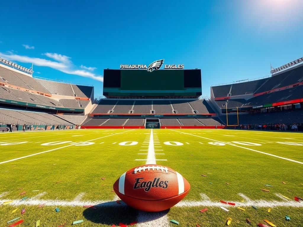 Flick International Grand empty stadium with Philadelphia Eagles logo and unused football on the 50-yard line