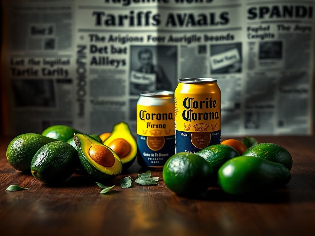 Flick International A still life featuring avocados and a can of Corona beer symbolizing tariffs and political debate