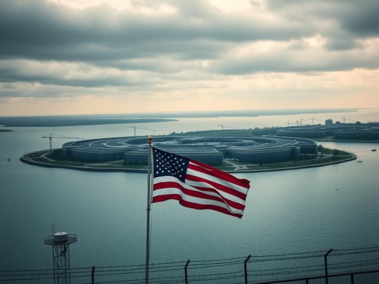 Flick International Aerial view of Rikers Island showing the prison complex surrounded by water and a cloudy sky