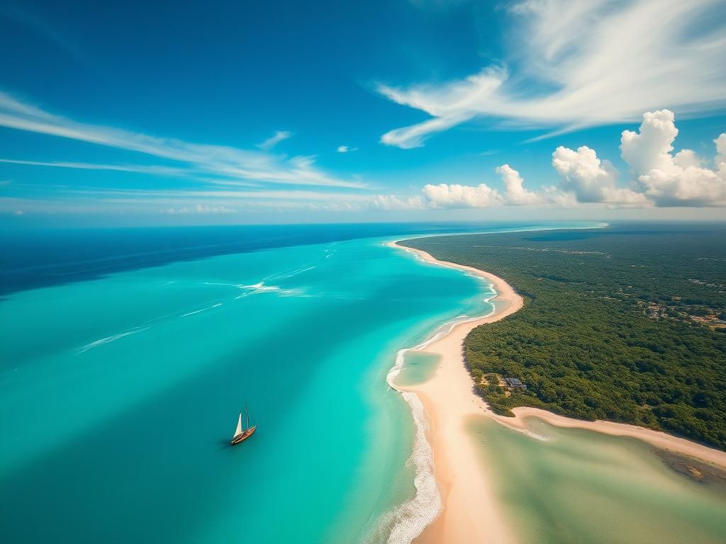 Flick International Aerial view of the Gulf of Mexico featuring turquoise waters and a traditional Mexican sailboat