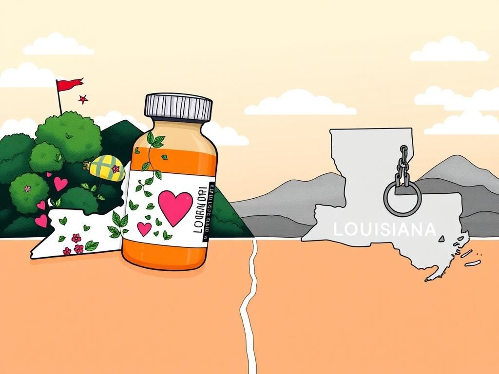 Flick International Conceptual illustration of a state line divided by a stylized medical prescription bottle symbolizing reproductive healthcare